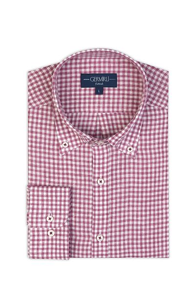 Germirli Albini Cherry White Gingham Button Collar Tailor Fit Delave Linen Shirt