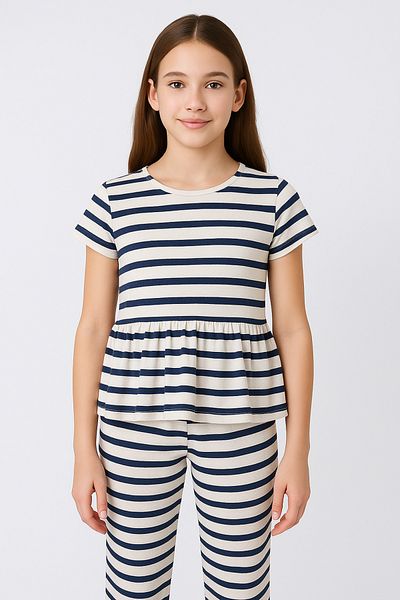 Ramior Girls Navy Blue Striped Ruffle T-Shirt & Pants Two-Piece Set