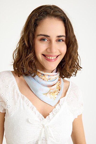 NİLİST Mavi Turuncu Kahverengi Çiçek Desenli Kadın Fular