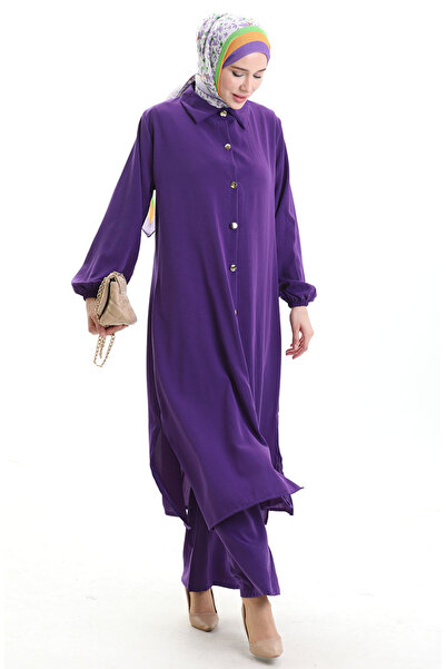 sefamerve Düğmeli Uzun Tunik Pantolon İkili Takım 0089-04 Mor