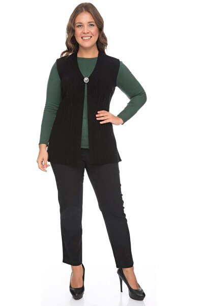 Uludağ Triko Kadın Siyah Fitilli İşlemeli V Yaka Mevsimlik Triko Anne Yazlık Yelek