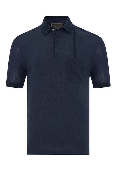 Gallus Navy Blue Polo Collar Patterned Regular Fit Cotton Linen T-Shirt with Pockets