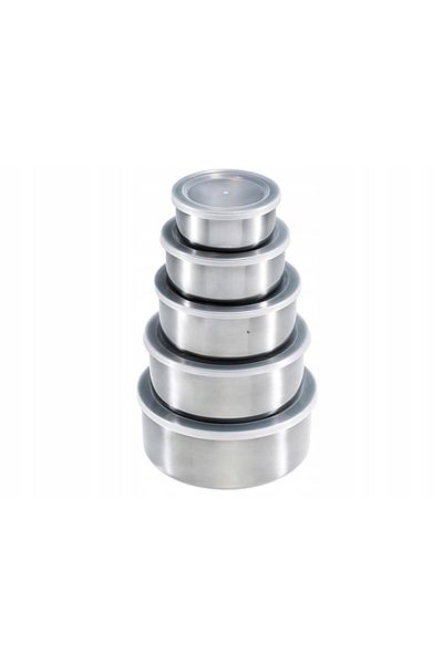 OEM Set of 5 bowls with lid, stainless steel and flexible plastic lid, silver