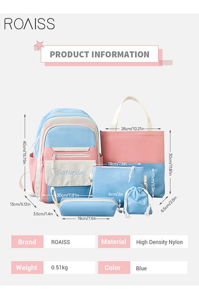 ROAISS 5 Pcs Letter Graphic Colorblock Backpack Set Cute Sweet Large Capacity Canvas School Bag Shoulder To