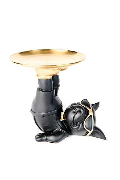 Famous Frenchie Decoratiune bulldog francez, tavita detasabila, 23 x 17 x 19 cm, negru/auriu