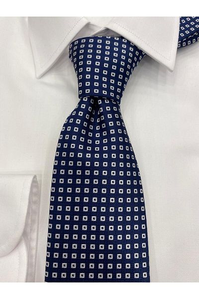 Cacharel Woven Fabric Patterned Navy Blue White Tie