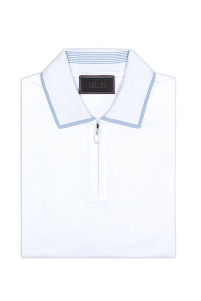 Gallus White Zippered Polo Neck Pique Mercerized Regular Fit T-Shirt