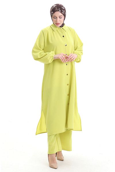sefamerve Buttoned Long Tunic Trousers Double Set 0089-05 Neon Green