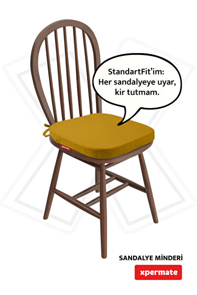 XPERMATE StandartFit Oval Sandalye Minderi Fermuarlı Yıkanabilir Kılıf Bağcıklı Su ve Yağ İtici 42x42x5Hardal