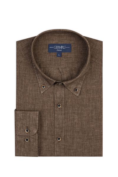Germirli Albini Brown Button Collar Tailor Fit Delave Linen Shirt