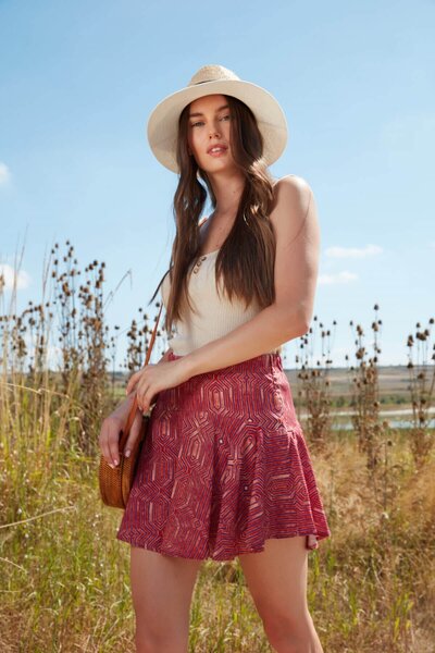 NİLİST Desenli Şort Etek - Bordo