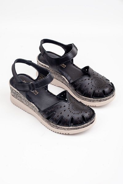 Melek Tuna Women's Genuine Leather Closed-Front Orthopedic Sandals, Wedge Heel Sandals