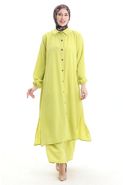 sefamerve Buttoned Long Tunic Trousers Double Set 0089-05 Neon Green