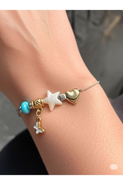 Esra Butik Hane Women's Stainless Steel Charm Bracelet – Stylish Bracelet with Heart, Star and Butterfly Figures and Colorful Beads