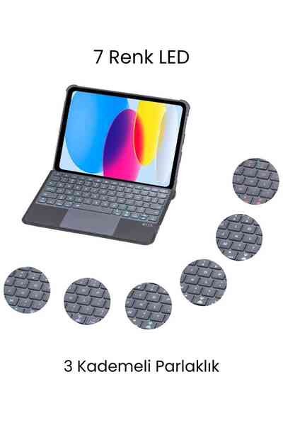 Fuchsia iPad 10. Nesil Uyumlu Fuchsia Katanya 360° Manyetik Standlı Ledli Touchpadli Klavyeli Tablet Kılıfı