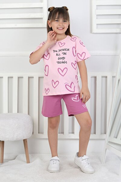 ZUZUNGA Good Things Heart Patterned Girls' Top Single Jersey Bottom 2 Thread Shorts Set