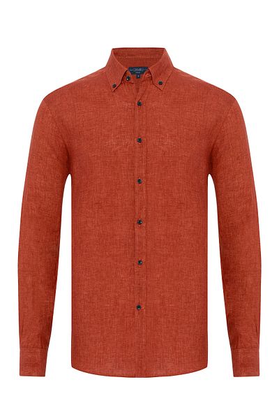 Germirli Albini Burnt Orange Color Button Collar Tailor Fit Delave Linen Shirt