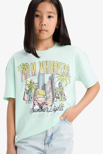 DeFacto Girl's Relax Fit Crew Neck Printed Short Sleeve T-Shirt E0389A825Sm