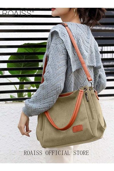 ROAISS Large Capacity Shoulder Tote Bag Casual Canvas Handbag Crossbody with Long Strap Multi Pocket for Yo