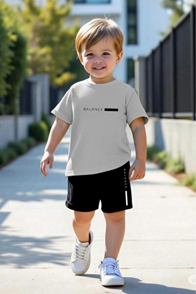 NO 601 Boy's Gray Balance Printed Tshirt Shorts Bottom-Top Set 5-6 / 11-12 Years Old