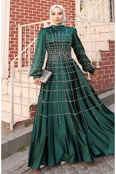 sefamerve Plus Size Satin Evening Dress 6249-07 Emerald Green
