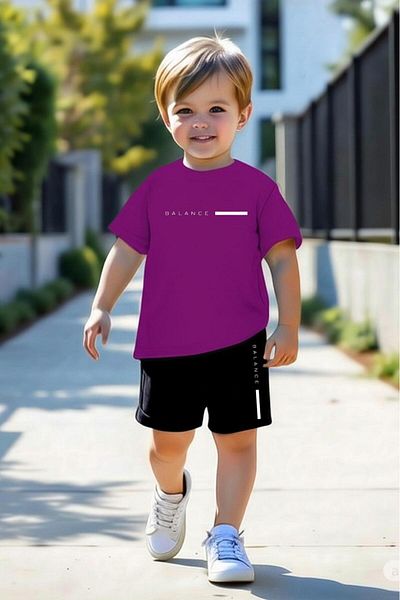 NO 601 Boy's Purple Balance Printed Tshirt Shorts Bottom-Top Set 5-6 / 11-12 Years Old