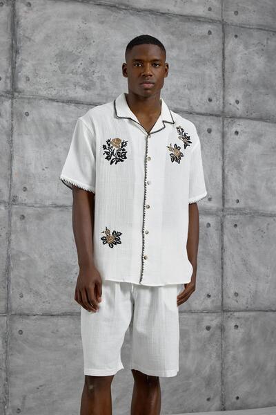 NOMARC Λευκό κέντημα με φύλλα με κοντομάνικο πουκάμισο