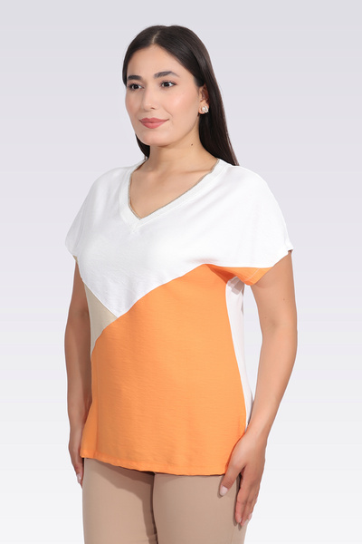 TOLGA SARAÇOĞLU 11040 Orange Color Blocked V-Neck Low Sleeve Bluz