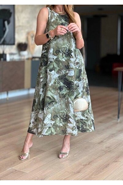 Selence Summer Lining Flower Print Dress Khaki