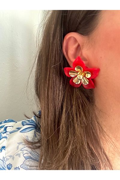 ALS Tasarım Dünyası Women's Red Color Middle Gold Color Flower Earrings