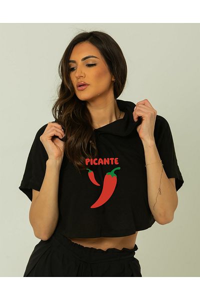 SUNFREE Popular Trend Picante Printed Short Sleeve Hooded Black Crop