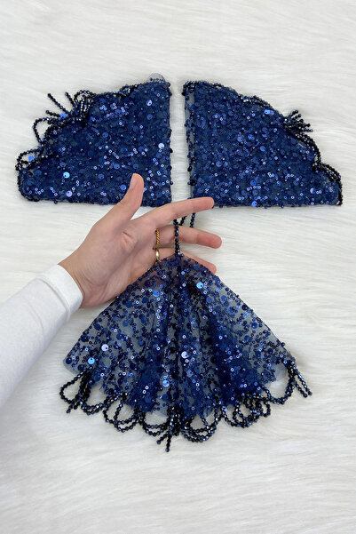 ZEYMERADE منديل العروس والعريس باللون الأزرق الداكن والترتر واللؤلؤ وحجر الكر...