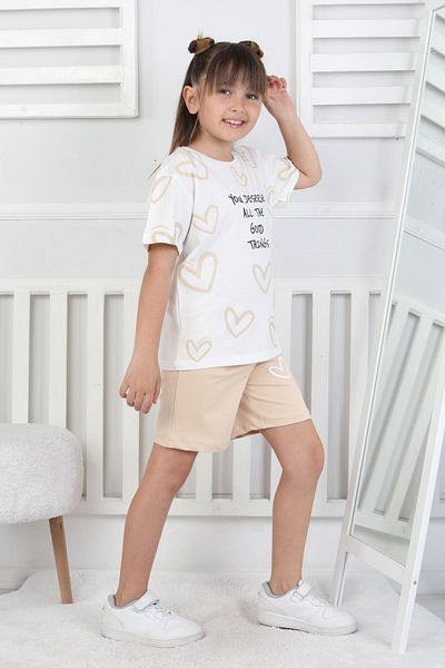 ZUZUNGA Good Things Heart Patterned Girls' Top Single Jersey Bottom 2 Thread Shorts Set