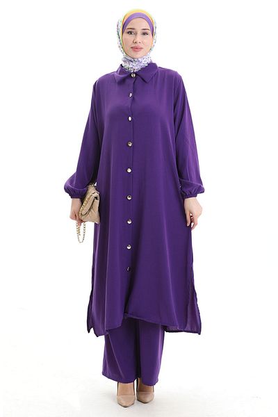 sefamerve Buttoned Long Tunic Trousers Double Set 0089-04 Purple