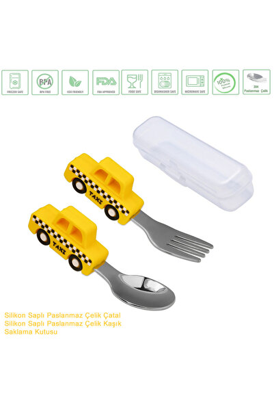 jojobebek Taksi Figürlü Premium Bebek BPA Free Kaliteli Silikon Saplı Paslanm...