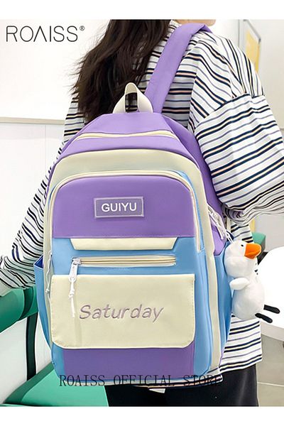 ROAISS 5 Pcs Letter Graphic Colorblock Backpack Set Cute Sweet Large Capacity School Bag Shoulder Totes Pen