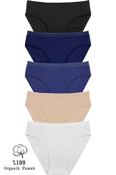 Humaone Women's 100% Cotton 5-Piece Ribbed Waist Bikini Panties Black- Navy- Indigo- White- Skin Bk2-A12