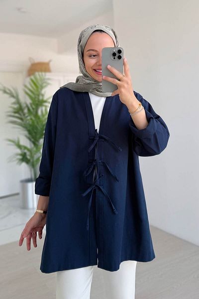 Ka Hijab كيمونو جبردين حجاب برباط أمامي - أزرق داكن