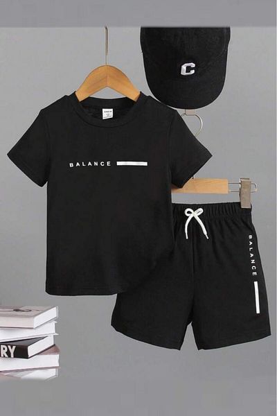 NO 601 Boy's Black Balance Printed Tshirt Shorts Bottom-Top Set for Ages 5-6 / 11-12