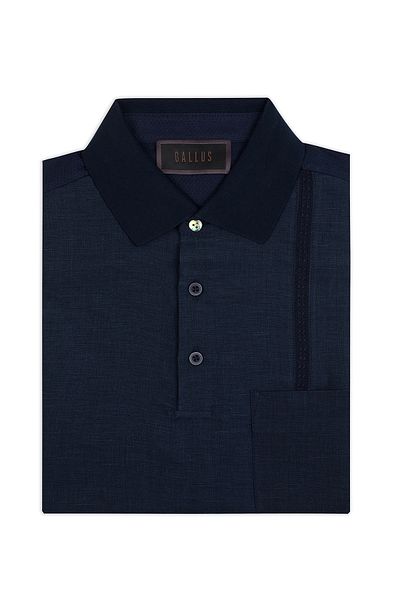 Gallus Navy Blue Polo Collar Patterned Regular Fit Cotton Linen T-Shirt with Pockets