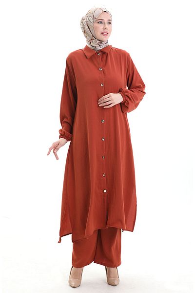 sefamerve Buttoned Long Tunic Trousers Double Suit 0089-07 Tile