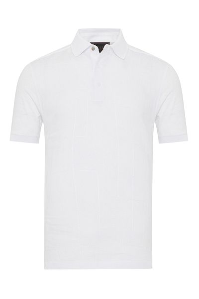 Gallus White Polo Neck Patterned Regular Fit Cotton Linen T-Shirt