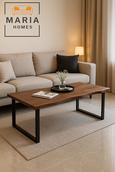 MARIA HOMES Center Table 120x60x45cm – Walnut Wood Finish with Black Metal Base for Modern Living Rooms