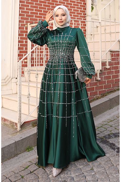 sefamerve Plus Size Satin Evening Dress 6249-07 Emerald Green