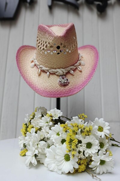 Eswomes Deniz Kabuğu Aksesuarlı Hasır Şapka Pembe-Bej