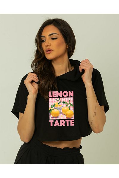 SUNFREE Popular Trend Lemon Tarte Printed Short Sleeve Hooded Black Crop