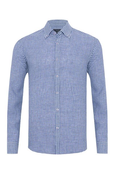 Germirli Albini Navy Blue White Gingham Button Collar Tailor Fit Delave Linen Shirt