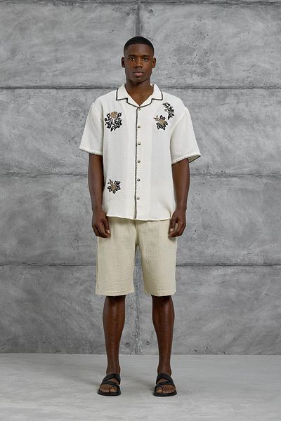 NOMARC Cream Oversize Leaf Embroidered Short Sleeve Shirt