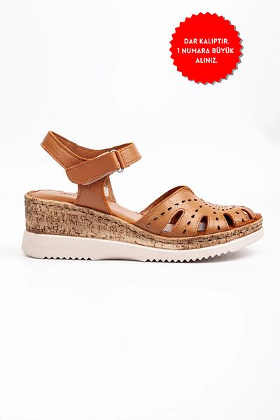 Melek Tuna Women's Genuine Leather Closed-Front Orthopedic Sandals, Wedge Heel Sandals