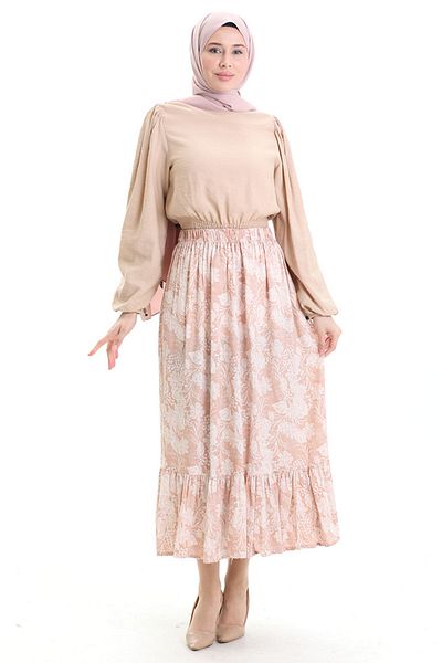 sefamerve Patterned Skirt with Elastic Waist 2058-03 Powder
